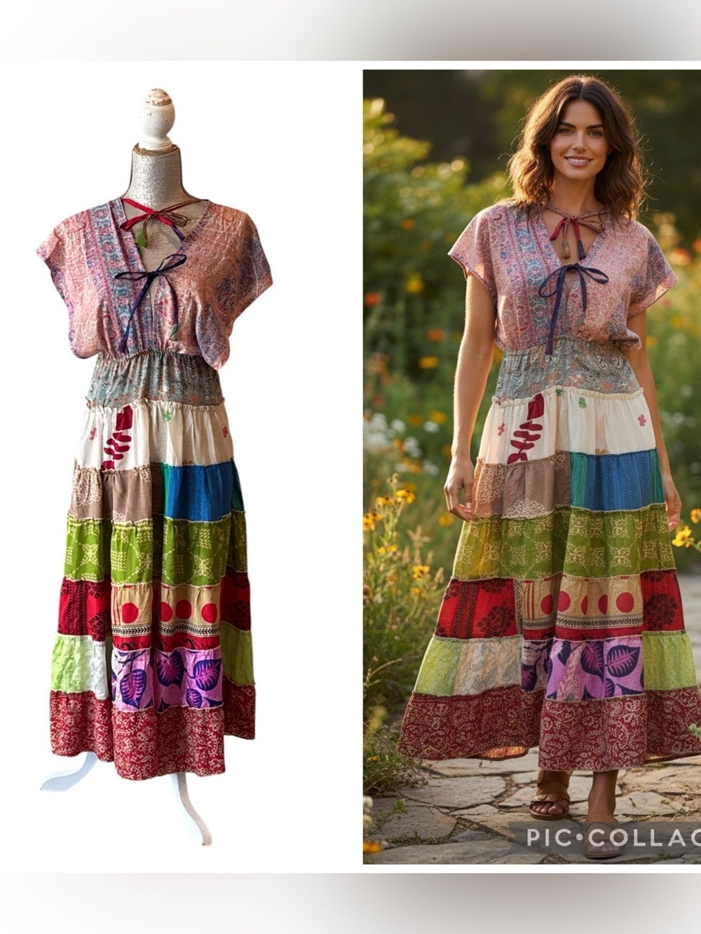 Paths of the Spirit Patchwork Boho Maxi Dress Tassel Tie Size S/M